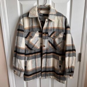 Zara Plaid Shacket Overshirt Jacket‎ Button Front Pockets XS Wool Blend